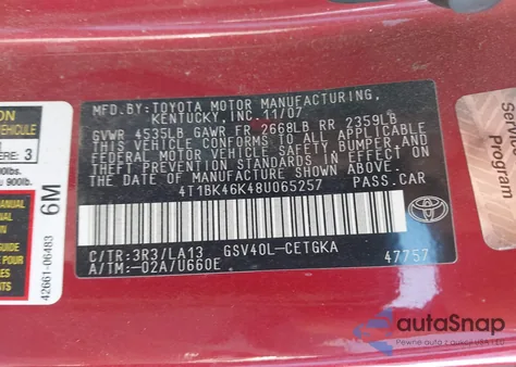 2008 Toyota Camry Xle V6 from USA, damaged, VIN 4T1BK46K48U065257